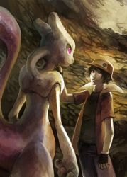 Rule 34 | 1990s (style), 1boy, baseball cap, black gloves, black hair, cave, creature, creatures (company), game freak, gen 1 pokemon, glitchedpuppet, gloves, hat, height difference, legendary pokemon, mewtwo, nintendo, pants, pokemon, pokemon (creature), pokemon rgby, purple eyes, realistic, red (pokemon), red eyes, retro artstyle, shirt, short sleeves, signature, standing