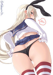 Rule 34 | 1girl, ass, black panties, blonde hair, blue skirt, blush, butt crack, cowboy shot, crop top, ebifurya, elbow gloves, from behind, gloves, grey eyes, hair between eyes, highleg, highleg panties, highres, huge ass, kantai collection, long hair, microskirt, panties, panty pull, pleated skirt, school uniform, serafuku, shimakaze (kancolle), simple background, skindentation, skirt, sleeveless, solo, spoken blush, striped clothes, striped thighhighs, thick thighs, thighhighs, thighs, thong, twitter username, underwear, white background, white gloves, wide hips