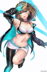Rule 34 | 1girl, :d, absurdres, arm up, asymmetrical legwear, bikini, bikini top only, bikini under clothes, black jacket, black pantyhose, blue eyes, boots, breasts, brown hair, cleavage, earrings, highres, idolmaster, idolmaster cinderella girls, jacket, jewelry, looking at viewer, medium breasts, mismatched legwear, mole, mole under eye, navel, nyome991, open mouth, pantyhose, short hair, short shorts, shorts, single leg pantyhose, single thigh boot, smile, solo, standing, standing on one leg, swimsuit, takagaki kaede, thigh boots, thighhighs, two-tone gloves, white bikini, white shorts