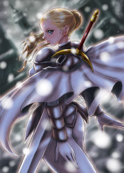 Rule 34 | 1girl, armor, ass, blonde hair, bodysuit, boken fantasy, cape, claymore (series), claymore (sword), flat ass, gloves, grey eyes, highres, looking at viewer, looking back, ponytail, snow, solo, sword, veronica, weapon