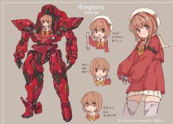 Rule 34 | 1girl, android, beige background, brown eyes, brown hair, character name, character sheet, commentary request, horns, kopaka (karda nui), looking ahead, mecha, multiple views, open hands, original, robot, single horn, standing, translation request, visor