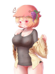 Rule 34 | 1girl, aki minoriko, arinu, black shirt, blonde hair, blush, breasts, cleavage, covered erect nipples, food, frilled sleeves, frills, fruit, grapes, hand on own chest, hat, highres, large breasts, long sleeves, looking away, looking down, no bra, off shoulder, open clothes, panties, pantyshot, pink panties, red eyes, red hat, shirt, short hair, simple background, solo, standing, thighs, touhou, underwear, white background, wide sleeves