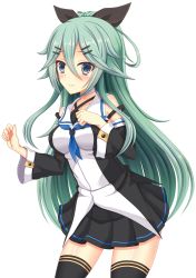 Rule 34 | 10s, 1girl, bare shoulders, black bow, black skirt, black thighhighs, blush, bow, breasts, collarbone, cowboy shot, detached sleeves, fingernails, frown, green eyes, green hair, hair between eyes, hair bow, hair ornament, hairclip, highres, kantai collection, leaning forward, long hair, looking away, pleated skirt, shiny skin, simple background, skirt, solo, thighhighs, uniform, very long hair, white background, wide sleeves, yamakaze (kancolle), yoshino yamato, zettai ryouiki