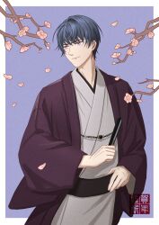 Rule 34 | 1boy, absurdres, bel 3001, black hair, blue background, branch, commentary request, flower, folded fan, folding fan, grey kimono, hair between eyes, hand fan, highres, holding, holding fan, japanese clothes, kimono, long sleeves, looking to the side, male focus, marius von hagen (tears of themis), obi, open clothes, petals, pink flower, purple eyes, sash, solo, tears of themis, two-tone background, white background, wide sleeves