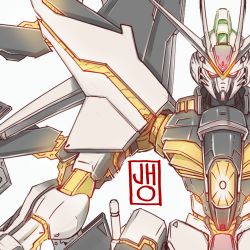 Rule 34 | close-up, commentary, english commentary, glowing, glowing eyes, gundam, gundam seed, gundam seed destiny, highres, jhocircle, looking at viewer, mecha, mechanical wings, no humans, red eyes, robot, signature, solo, strike freedom gundam, v-fin, wings