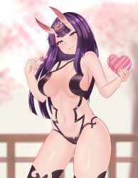 Rule 34 | 1girl, absurdres, alternate breast size, alternate hair length, alternate hairstyle, blunt bangs, blush, breasts, breasts apart, chocolate, collarbone, commentary, contrapposto, cowboy shot, curvy, eyeshadow, fangs, fate/grand order, fate (series), forehead jewel, gradient horns, grin, half-closed eyes, hands up, head tilt, heart, highres, holding, horns, large breasts, long hair, looking at viewer, makeup, multicolored horns, navel, parted lips, purple eyes, purple hair, red eyeshadow, red horns, revealing clothes, seductive smile, short eyebrows, shuten douji (fate), sideboob, skin-covered horns, smile, solo, standing, thick eyebrows, thighhighs, thighs, w arms
