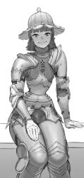 Rule 34 | 1girl, absurdres, armor, bad id, bad twitter id, breastplate, closed mouth, freckles, greaves, greyscale, helmet, highres, looking at viewer, medium hair, monochrome, original, pauldrons, shoulder armor, sitting, smile, solo, wass nonnam
