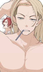 Rule 34 | 2409walker, 2boys, alternate hairstyle, blonde hair, closed eyes, collarbone, commentary request, facial hair, highres, hongou, male focus, medium hair, mouth hold, multiple boys, mustache stubble, one piece, open mouth, red hair, scar, scar across eye, scar on face, shanks (one piece), short hair, stubble, teeth, topless male