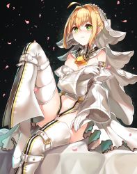 Rule 34 | 1girl, ahoge, arm strap, artoria pendragon (all), artoria pendragon (fate), bare shoulders, bed, bell, belt, belt buckle, belt skirt, black background, blonde hair, blush, breasts, bridal veil, buckle, chain, cleavage, closed mouth, detached collar, detached sleeves, embarrassed, eyebrows, fate (series), flower, flower wreath, from side, frown, full-length zipper, gloves, green eyes, groin, hair between eyes, hair intakes, head wreath, highres, kaerunoko, knee up, large breasts, leotard, light particles, lock, looking at viewer, navel, nero claudius (bride) (fate), nero claudius (bride) (second ascension) (fate), nero claudius (fate), nero claudius (fate) (all), nose blush, on bed, padlock, petals, puffy detached sleeves, puffy sleeves, saber (fate), short hair, short hair with long locks, showgirl skirt, sidelocks, simple background, skirt, solo, strapless, strapless leotard, thigh strap, thighhighs, toeless legwear, unzipped, veil, white flower, white gloves, white skirt, white thighhighs, wide sleeves, zipper, zipper pull tab
