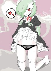 Rule 34 | 1girl, alternate costume, black dress, black panties, blush, bob cut, bow, bow panties, breasts, bright pupils, closed mouth, clothed pokemon, colored skin, creatures (company), dress, enmaided, female focus, flashing, flat color, frilled dress, frills, full body, game freak, gardevoir, gen 3 pokemon, green hair, green skin, hair over one eye, half-closed eyes, hands up, happy, heart, highres, indosou, kneeling, looking at viewer, maid, maid headdress, multicolored skin, navel, neck ribbon, nintendo, panties, pink background, pokemon, pokemon (creature), puffy short sleeves, puffy sleeves, pussy juice, red eyes, red ribbon, ribbon, see-through, short hair, short sleeves, sketch, skindentation, small breasts, smile, solo, speech bubble, split mouth, spoken heart, stomach, sweat, thighhighs, two-tone skin, underwear, white pupils, white skin, white thighhighs, wrist cuffs