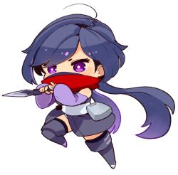 Rule 34 | 1girl, ayame (gundam build divers), black hair, black thighhighs, chibi, elbow gloves, full body, gloves, gundam, gundam build divers, japanese clothes, long hair, low ponytail, mask, mota, mouth mask, ninja mask, ponytail, purple eyes, red scarf, scarf, simple background, solo, thighhighs, white background