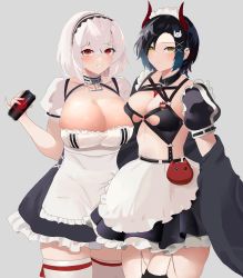 Rule 34 | 1girl, absurdres, apron, asymmetrical docking, azur lane, black hair, black skirt, black thighhighs, breast press, breast strap, breasts, can, cat hair ornament, cleavage, collar, frilled skirt, frills, grey background, hair between eyes, hair ornament, highres, holding, holding can, horns, huge breasts, kfsocks, large breasts, looking at viewer, maid headdress, manjuu (azur lane), mechanical horns, metal collar, o-ring, o-ring top, official alternate costume, puffy short sleeves, puffy sleeves, red eyes, red horns, short hair, short sleeves, simple background, sirius (azur lane), skirt, solo, thighhighs, thighs, ulrich von hutten (mayhem maid) (azur lane), waist apron, white apron, white hair, white thighhighs, x hair ornament, yellow eyes