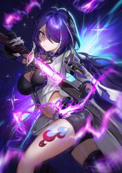 Rule 34 | 1girl, absurdres, acheron (honkai: star rail), adamosina, black choker, black gloves, breasts, choker, cleavage, commentary, crop top, english commentary, gloves, hair over one eye, highres, holding, holding sword, holding weapon, honkai: star rail, honkai (series), large breasts, leg tattoo, long hair, looking at viewer, midriff, navel, purple eyes, purple hair, solo, stomach, sword, tattoo, thighs, very long hair, weapon