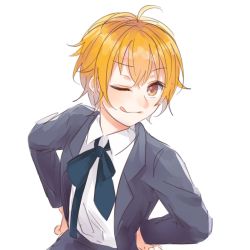 Rule 34 | 1girl, :q, antenna hair, bang dream!, blue legwear, brown eyes, collared shirt, formal, hands on own hips, highres, kitazawa hagumi, long sleeves, looking at viewer, necktie, orange hair, shirt, short hair, simple background, sketch, solo, succhii (pikaru), suit, tongue, tongue out, upper body, v-shaped eyebrows, white background, white shirt