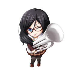 Rule 34 | 1girl, ;p, black hair, black pantyhose, blue eyes, brown footwear, brown shirt, brown skirt, chibi, euphonium, full body, glasses, hibike! euphonium, highres, holding, holding instrument, instrument, kuena, loafers, long hair, looking at viewer, miniskirt, one eye closed, pantyhose, pleated skirt, red-framed eyewear, sailor collar, shirt, shoes, simple background, skirt, smile, solo, standing, tanaka asuka, tongue, tongue out, v-shaped eyebrows, white background, white sailor collar