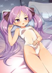 Rule 34 | 1girl, blush, breasts, clothes pull, collarbone, commentary request, covered navel, embarrassed, finger to mouth, frontal wedgie, hair ribbon, highleg, highleg swimsuit, highres, hiiragi kagami, hotaru iori, ichimi renge, long hair, looking to the side, lucky star, lying, navel, on back, on bed, one-piece swimsuit, one-piece swimsuit pull, open mouth, pillow, pulling own clothes, purple eyes, purple hair, red ribbon, ribbon, see-through, small breasts, solo, sweatdrop, swimsuit, thigh gap, thighs, twintails, wedgie, white one-piece swimsuit