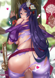 Rule 34 | 1boy, 1girl, bad id, bad pixiv id, blue eyes, clothed sex, cross-section, ctrlz77, cum, cum in pussy, fate/grand order, fate (series), from behind, hair ornament, hetero, highres, long hair, looking back, minamoto no raikou (fate), penis, pov, purple hair, sex, sex from behind, sheath, sheathed, smile, sword, torn clothes, uncensored, vaginal, very long hair, weapon, x-ray