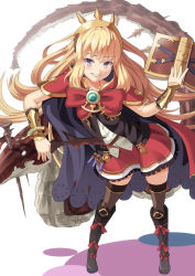 Rule 34 | 10s, 1girl, blonde hair, blush, book, boots, brown thighhighs, cagliostro (granblue fantasy), cape, crown, dragon, granblue fantasy, hair ornament, holding, holding book, long hair, potion, purple eyes, ribbon, shiseki hirame, simple background, skirt, smile, solo, thighhighs, thighs