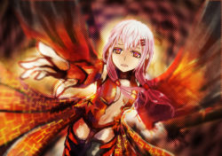 Rule 34 | 10s, 1girl, bare shoulders, black thighhighs, breasts, center opening, cleavage, detached sleeves, elbow gloves, fingerless gloves, fuyou deng, gloves, guilty crown, hair ornament, hairclip, long hair, looking at viewer, navel, open mouth, outstretched arm, pink hair, red eyes, solo, thighhighs, twintails, yuzuriha inori