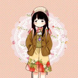 Rule 34 | 1girl, anneko anko, black eyes, black hair, blush, bow, brown jacket, food print, hands in pockets, hat, hat bow, hat ornament, jacket, jewelry, medium hair, necklace, original, print scarf, scarf, solo, standing, strawberry print