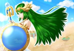 Rule 34 | 1girl, ancient greek clothes, armlet, bare shoulders, chiton, dress, gold, green hair, highres, jewelry, kid icarus, kid icarus uprising, long hair, looking at viewer, neck ring, necklace, nintendo, palutena, parted bangs, pendant, shield, side slit, solo, staff, strapless, strapless dress, vambraces