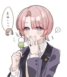 2girls ^_^ arimura_mao asymmetrical_bangs black_jacket blunt_ends blush closed_eyes commentary_request dango eating food gakuen_idolmaster hatsuboshi_gakuen_school_uniform himesaki_rinami holding holding_skewer idolmaster jacket kyonu looking_at_another multiple_girls pink_hair purple_eyes sanshoku_dango school_uniform short_hair simple_background skewer speech_bubble translation_request wagashi white_background