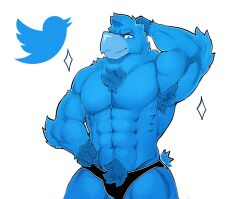 Rule 34 | 1boy, abs, absurdres, arm behind head, armpit hair, armpits, bara, beak, bird, bird boy, bird tail, blue bird, blue eyes, blue fur, bulge, cowboy shot, furry, furry male, highres, large pectorals, looking at viewer, male focus, muscular, muscular male, navel, navel hair, no nipples, pectorals, seductive smile, short hair, simple background, smile, solo, sparkle background, stomach, strongman waist, taffy (taffyfever), tail, thick eyebrows, thick thighs, thighs, topless male, twitter, twitter bird, twitter logo, v-shaped eyebrows
