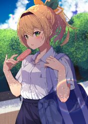 Rule 34 | 1girl, bag, blonde hair, blue skirt, blush, bow, breasts, collarbone, collared shirt, commentary request, fingernails, food, green eyes, hairband, highres, holding, holding food, holding ice cream, hololive, ice cream, kazama iroha, looking at viewer, nail polish, namikawa kuroha, open mouth, outdoors, pink nails, pinky out, pleated skirt, ponytail, school bag, school uniform, shirt, shirt tucked in, short hair, skirt, small breasts, solo, summer uniform, uniform, virtual youtuber, white shirt