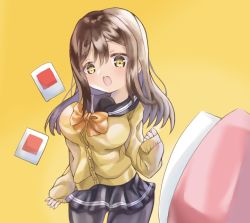 Rule 34 | 1girl, artist name, artist request, black pantyhose, blush, bow, bowtie, breasts, brown eyes, brown hair, buttons, cardigan, clenched hand, collarbone, eyebrows, female focus, floating, floating object, grey sailor collar, grey skirt, hair between eyes, kunikida hanamaru, layered skirt, light brown hair, long hair, long sleeves, looking at viewer, love live!, love live! sunshine!!, medium breasts, miniskirt, orange bow, pantyhose, parted lips, plaid, plaid skirt, pleated, pleated skirt, sailor collar, school uniform, skirt, sleeves past wrists, smile, solo, sweater, uranohoshi school uniform, yellow background, yellow cardigan, yellow eyes, yellow sweater