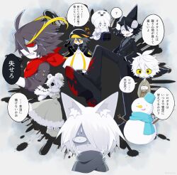 Rule 34 | 3girls, 5boys, :3, ?, ahoge, anger vein, angry, animal ear fluff, animal ears, animal hat, bags under eyes, baseball cap, bear ears, bear girl, black background, black capelet, black eyes, black footwear, black gloves, black hair, black headwear, black pants, black sclera, black suit, blood, blood on clothes, blood on shoes, blue headwear, blue scarf, boots, bow, braid, capelet, cetacean tail, cigarette, closed mouth, coat, colored sclera, colored skin, crossed arms, dress, fins, fish tail, footwear bow, formal, funamusea, funamusea (style), fur-trimmed coat, fur hat, fur trim, gloves, green coat, green footwear, grey hair, grey scarf, grey shirt, hair between eyes, hair intakes, hair over one eye, hands in pockets, hands on own hips, hat, highres, ice scream, idate (ice scream), long hair, looking at viewer, low twintails, mafuyu (ice scream), mob face, multicolored clothes, multicolored hair, multicolored headwear, multiple boys, multiple girls, no mouth, open mouth, orange eyes, orange headwear, orca boy, owl boy, pants, penguin girl, penguin hat, peraco (ice scream), ppop csillag, red scarf, red sclera, rock (ice scream), rocma (ice scream), scarf, seal hat, shaded face, shark fin, sharp teeth, shirogane (ice scream), shirt, sitting, smoking, snowman, speech bubble, splatter background, standing, stepped on, suit, sunosan (ice scream), sweat, sweatdrop, tail, teeth, translation request, twin braids, twintails, white background, white bow, white dress, white eyes, white hair, white skin, wide-eyed, wolf boy, wolf ears, yellow sclera