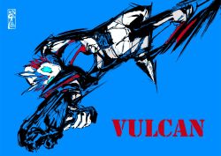 Rule 34 | 1boy, blue background, body armor, character name, incoming attack, jumping, kamen rider, kamen rider 01 (series), kamen rider vulcan, male focus, pointing weapon, simple background, solo