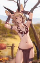 Rule 34 | 1girl, animal ears, antlers, bare tree, blonde hair, braid, campfire, cowboy shot, day, fangs, feather necklace, flat chest, food, fox ears, fox girl, fox tail, half-closed eyes, hands up, highres, horns, jewelry, khiara (personal ami), knife, lips, loincloth, looking at viewer, meat, medium hair, navel, necklace, nose, open mouth, original, outdoors, paid reward available, personal ami, planted, planted knife, planted weapon, rotisserie, side braids, signature, solo, tail, tree, tree stump, weapon, yellow eyes