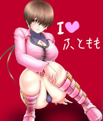 Rule 34 | 1girl, bad id, bad pixiv id, boots, breasts, brown hair, cleavage, cleavage cutout, clothing cutout, hair over one eye, knee boots, knees together feet apart, large breasts, long hair, okyou, panties, pantyshot, pink footwear, pink legwear, ponytail, red eyes, shermie (kof), simple background, snk, solo, split ponytail, squatting, the king of fighters, thighs, translated, underwear