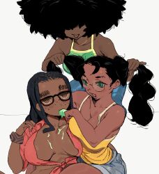 Rule 34 | 3girls, absurdres, afro, black hair, blue pants, blue shorts, breasts, breasts apart, brown eyes, cleavage, cowboy shot, dark-skinned female, dark skin, food, freckles, gigi (whoopsatro), green eyes, hair focus, hair over eyes, highres, holding another&#039;s hair, large breasts, long hair, multiple girls, open mouth, original, pants, popsicle, red shirt, shell (whoopsatro), shirt, shorts, sleeveless, tank top, tied shirt, very dark skin, viv (whoopsatro), white background, whoopsatro, yellow tank top