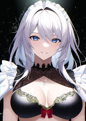 Rule 34 | 1girl, absurdres, blue eyes, blush, breasts, cleavage, commentary request, highres, jewelry, large breasts, leone (kamina0205), looking at viewer, maid, maid headdress, mole, mole under eye, necklace, original, smile, solo, white hair