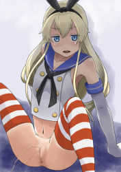 Rule 34 | 1girl, anus, blonde hair, blue eyes, bottomless, cleft of venus, hagaa, hair ribbon, kantai collection, looking at viewer, navel, no panties, peeing, pussy, ribbon, shimakaze (kancolle), simple background, solo, striped clothes, striped thighhighs, thighhighs, uncensored