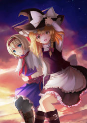 Rule 34 | 2girls, absurdres, alice margatroid, belt buckle, blonde hair, blue eyes, boots, bow, braid, buckle, capelet, cloud, cross-laced footwear, evening, frilled skirt, frills, hair ribbon, hairband, hand on headwear, hat, hat bow, highres, kirisame marisa, knee boots, long sleeves, looking at viewer, m18 hellcat (artist), multiple girls, open mouth, pantyhose, ribbon, short hair, short sleeves, single braid, skirt, sky, star (sky), touhou, witch hat, yellow eyes