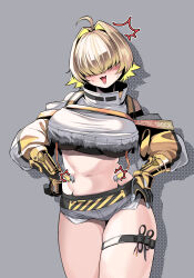 Rule 34 | 1girl, absurdres, ahoge, black gloves, black sports bra, blonde hair, blush, breasts, clothing cutout, crop top, cropped sweater, elegg (nikke), exposed pocket, gloves, goddess of victory: nikke, grey shorts, hair intakes, hair over eyes, highres, large breasts, long bangs, long sleeves, micro shorts, multicolored clothes, multicolored gloves, multicolored hair, navel, short hair, shorts, shoulder cutout, skindentation, solo, sports bra, suspender shorts, suspenders, sweatdrop, thigh strap, thighs, torn clothes, two-tone hair, yellow gloves, yogert chip