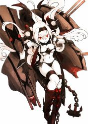 Rule 34 | 10s, 1girl, abyssal ship, air defense princess, anchor, armor, armored boots, black footwear, black gloves, boots, breasts, female focus, gloves, hairband, highres, kantai collection, knee boots, large breasts, long hair, machinery, miniskirt, pale skin, red eyes, showgirl skirt, simple background, skirt, solo, synonym, very long hair, white background, white hair