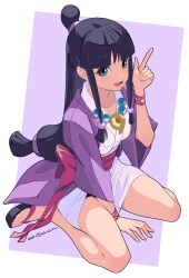 Rule 34 | 1girl, ace attorney, bare legs, between legs, black eyes, black footwear, black hair, blunt bangs, breasts, cacn, commentary, dated, from above, full body, hair bun, hand between legs, haori, highres, index finger raised, jacket, japanese clothes, jewelry, kimono, long hair, looking at viewer, low-tied long hair, magatama, magatama necklace, maya fey, necklace, obi, open mouth, purple background, purple jacket, purple kimono, sandals, sash, short kimono, sidelocks, signature, simple background, sitting, small breasts, smile, solo, straight hair, toes, topknot, wariza, wristband, zouri