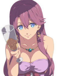 Rule 34 | 1girl, alcohol, arm behind back, armpit crease, bare arms, bare shoulders, blue background, blue eyes, breasts, champagne, champagne flute, chiharu (9654784), cleavage, closed mouth, collarbone, commentary request, cup, double-parted bangs, dress, drink, drinking glass, earrings, eiyuu densetsu, emma millstein, eyebrows hidden by hair, eyes visible through hair, gem, gradient background, green gemstone, grey dress, hair between eyes, hand up, head tilt, highres, holding, holding cup, holding drink, holding drinking glass, jewelry, large breasts, leaning forward, long hair, looking at viewer, necklace, purple hair, sen no kiseki, sidelocks, simple background, smile, solo, straight hair, strapless, strapless dress, upper body, white background