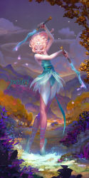 Rule 34 | 1girl, adapted costume, artist name, ballet, ballet slippers, cassio yoshiyaki, character name, circlet, dagger, dual wielding, closed eyes, flower, forehead jewel, highres, holding, knife, leotard, pale skin, pantyhose, pearl (steven universe), petals, pink hair, plant, ribbon, skirt, smile, solo, steven universe, tiptoes, tree, weapon