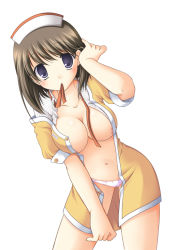 Rule 34 | 1girl, adjusting hair, anegasaki nene, aomi, aomi riru, areola slip, bad id, bad pixiv id, breasts, brown hair, cameltoe, covered erect nipples, hat, large breasts, leaning forward, love plus, mole, mole under eye, mouth hold, open clothes, open shirt, panties, shirt, solo, underwear, waitress