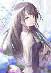 Rule 34 | 1girl, bands, black dress, blush, brown eyes, brown hair, cowboy shot, dress, earrings, facing to the side, floral background, flower, hair between eyes, holding, holding umbrella, hydrangea, jewelry, kagachi saku, long hair, long sleeves, looking at viewer, original, parted lips, rain, see-through, see-through sleeves, signature, solo, straight hair, symbol-only commentary, umbrella