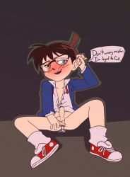 Rule 34 | 1boy, aftersex, anonanim, anus, ass, black background, blush, brown eyes, brown hair, cum, edogawa conan, erection, glasses, highres, male focus, meitantei conan, naughty face, necktie, open clothes, penis, presenting, school uniform, shoes, simple background, smile, sneakers, solo, spread ass, spread legs, testicles, text focus, uneven eyes