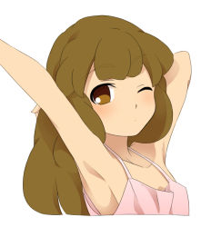 Rule 34 | 1girl, armpits, arms up, blush, brown eyes, brown hair, inazuma eleven (series), inazuma eleven go, inazuma eleven go chrono stone, long hair, nanobana kinako, no hairband, no pupils, sekina, simple background, solo, stretching, upper body, white background