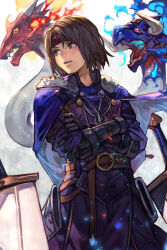 Rule 34 | 1boy, ashton anchors, blue fire, brown hair, cape, crossed arms, dragon, fire, fur-trimmed cape, fur trim, gauntlets, green eyes, headband, hungry clicker, looking to the side, male focus, multiple swords, parted lips, short hair, solo focus, standing, star ocean, star ocean the second story, white background