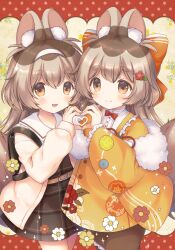 Rule 34 | 2girls, :d, absurdres, animal ear fluff, animal ears, back bow, backpack, bag, belt, blush, bow, bowtie, brown dress, brown eyes, brown hair, closed mouth, cowboy shot, dress, dual persona, flower, frills, fur trim, hair bow, hair ornament, hairband, heart, heart hands, heart hands duo, highres, jacket, japanese clothes, kemamire, kimono, long hair, long sleeves, looking at viewer, multiple girls, open clothes, open jacket, open mouth, original, polka dot, polka dot background, red bow, sailor collar, shirt, smile, squirrel (jjjjmmn err), tail, thick eyebrows, white hairband, white sailor collar, wide sleeves, yellow kimono