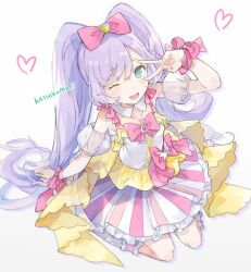 Rule 34 | 1girl, ;d, bow, detached sleeves, dress, full body, green eyes, hair bow, idol clothes, kashikoma!, long hair, looking at viewer, manaka laala, multicolored clothes, multicolored dress, nuudoru, one eye closed, open mouth, pink bow, pretty series, pripara, puffy detached sleeves, puffy sleeves, purple hair, simple background, sleeveless, sleeveless dress, smile, solo, treble clef, twintails, v, v over eye, very long hair, white background