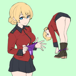 Rule 34 | 1girl, ass, bent over, black footwear, black skirt, blonde hair, blue eyes, boots, braid, darjeeling (girls und panzer), epaulettes, girls und panzer, grey background, highres, holding, holding clothes, holding panties, holding underwear, jacket, lace, lace-trimmed panties, lace trim, long sleeves, looking at viewer, looking back, military, military uniform, miniskirt, multiple views, onsen tamago (hs egg), panties, panty pull, pleated skirt, presenting removed panties, pulling own clothes, purple panties, red jacket, short hair, simple background, skirt, st. gloriana&#039;s military uniform, standing, thong, underwear, uniform